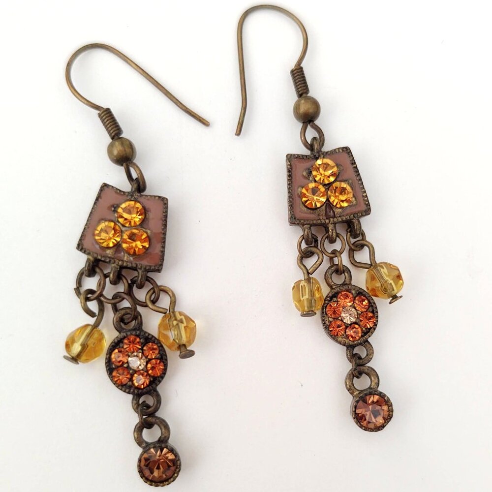 Brown enamel and orange beaded dangle earrings